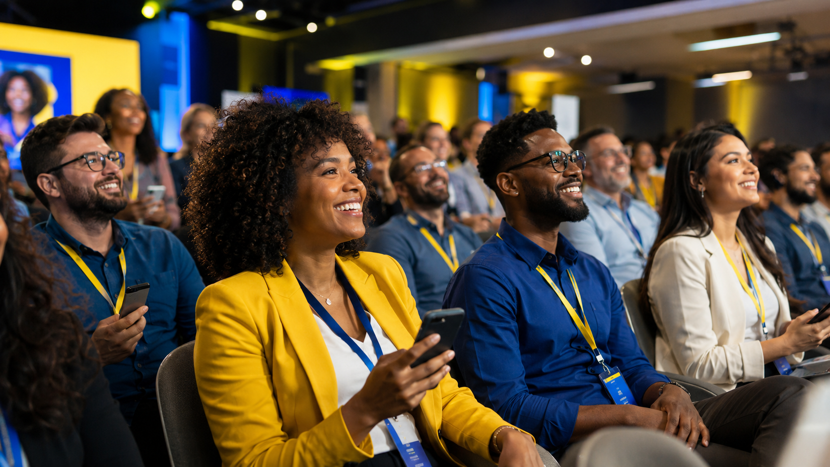 Público acompanhando uma apresentação e participando pelo celular